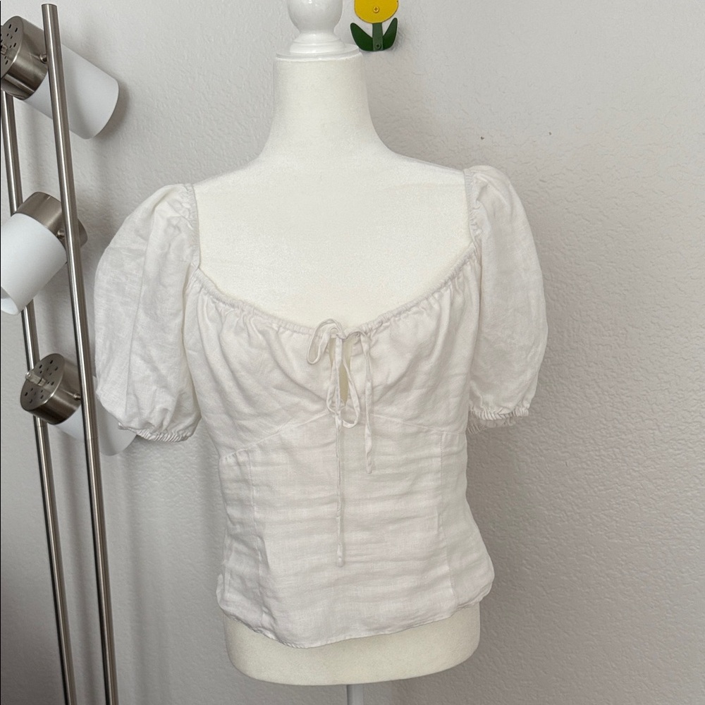 100% Linen White Puff Sleeve Women's Top